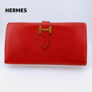 HERMES　エルメス 　べアン クラシック　長財布　財布　赤　レッド　ゴールド　ブランド