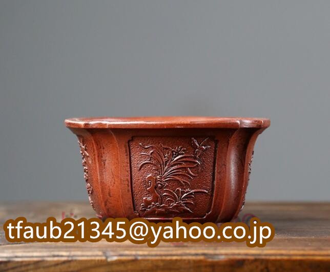 Purple sand, purple mud, bonsai pot, flower pot, square pot, embossed purple mud painting, handmade, width 15.7cm x height 8.8cm, bonsai, bonsai tools, pot