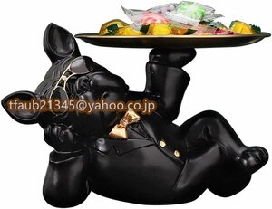 家の貯蔵のためのステンレス鋼の皿が付いているフレンチブルドッグの彫刻樹脂の子犬の犬の置物のデスクトップの装飾的な貯金箱,黒