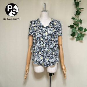 【美品】PS Paul Smith ポールスミス 洗える フラワープリント フリル 半袖ブラウス 38/Mサイズ相当 ホワイト レディース 花柄 トップス