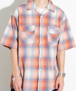 PENDLETON ロゴ刺繍 チェックオープンカラー半袖シャツ オレンジ M