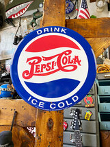 ペプシコーラ　ラウンド型ブリキ看板（DRINK ICE COLD） ■ アメリカン雑貨 アメリカ雑貨_画像1