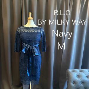 N20186 新品 R.L.O ゲストドレス M 背中見せ ネイビー ミディアム 結婚式参列 リボン レース ワンピース