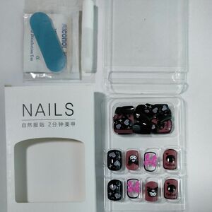 NAILS 24pcs ネイルチップ つけ爪 デコレーション グミシート付　ブラック、カワイイ系　H