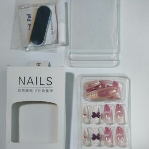 NAILS 24pcs ネイルチップ つけ爪 デコレーション グミシート付　ピンク・パープル系　N