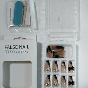 FALSE NAIL 24pcs ネイルチップ つけ爪 デコレーション グミシート付 ブラックベージュ系　O