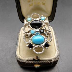 EMMONS turquoise blue onyx kaboshon flower Vintage ring ring Showa Retro costume jewelry import 9S-B