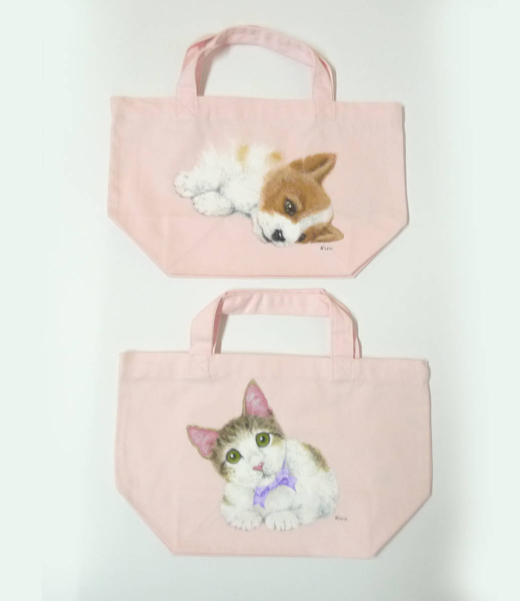 Hand-drawn illustration cat & dog mini tote set of 2, handmade, bag, bag, for women