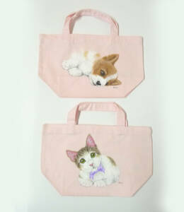 Art Auction Hand-drawn illustration cat & dog mini tote set of 2, handmade, bag, bag, for women