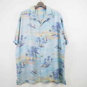 トミーバハマ Tommy Bahama ORIGINAL FIT ビーチ ヤシの木 総柄 半袖シルクシャツ(XXL)ブルー系