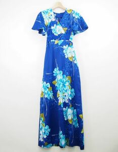 USA製 サンマリファッション SUNMARI FASHIONS プルメリア柄 リボンベルト付き ワンピース(6)ブルー