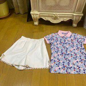 ルコック　花柄ポロシャツ　白刺繍レースパンツ　ゴルフウエア　Ｓサイズ