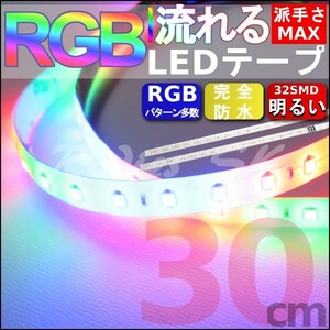 流れるLEDテープ レインボー RGB 32連 30cm 2本 T10 加工可 テープ 防水 虹色 ドレスアップ LED 人気 流星 デイライト