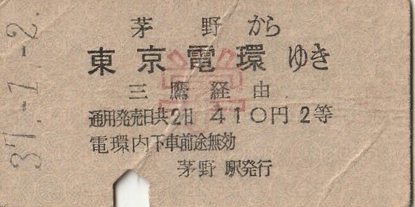 国鉄、乗車券、A型硬券、昭和37,40, 45年、３枚、茅野・野辺山から東京電環ゆき、広島から東京都区内行き、学割