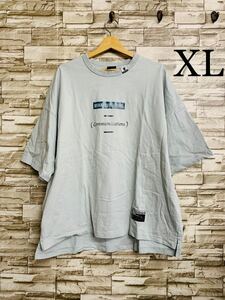 XL GU ジーユー ブルー サイドスリット コットン ドロップショルダー プリントTシャツ 半袖Tシャツ 半袖 Tシャツ トップス カットソー