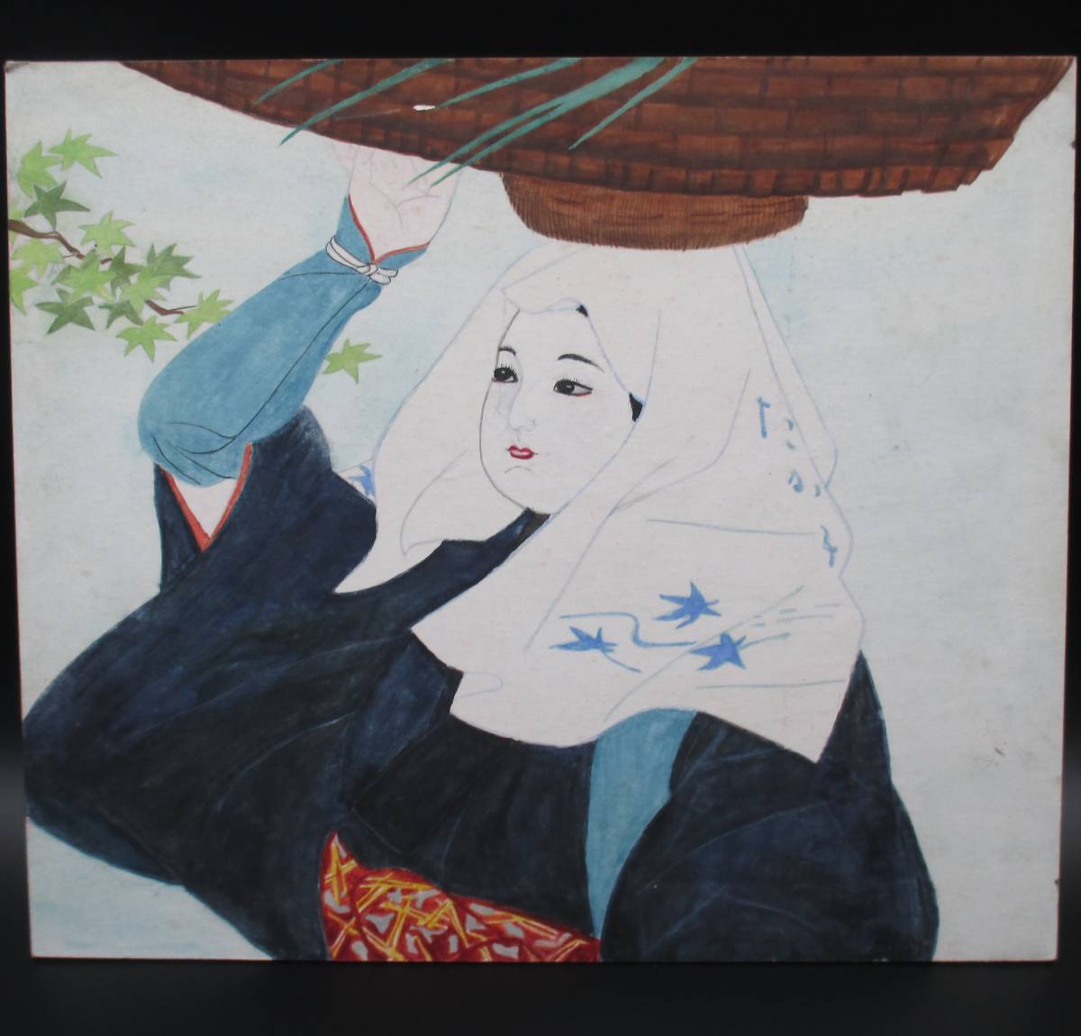 그림 수채화 그림 종이 보드에 수채화 여자와 그녀의 머리에 바구니, 그림, 수채화, 초상화