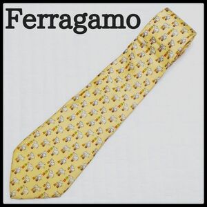 極美品 Ferragamo フェラガモ ネクタイ 総柄 ゾウ 象 黄色 シルク