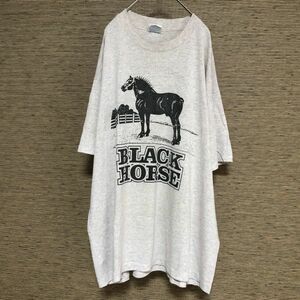 ヘインズ　90s 半袖Tシャツ　USA製　アニマル黒馬　グレー　ビンテージ29 古着　入手困難　激レア　希少 人気 シングルステッチ アメリカ製