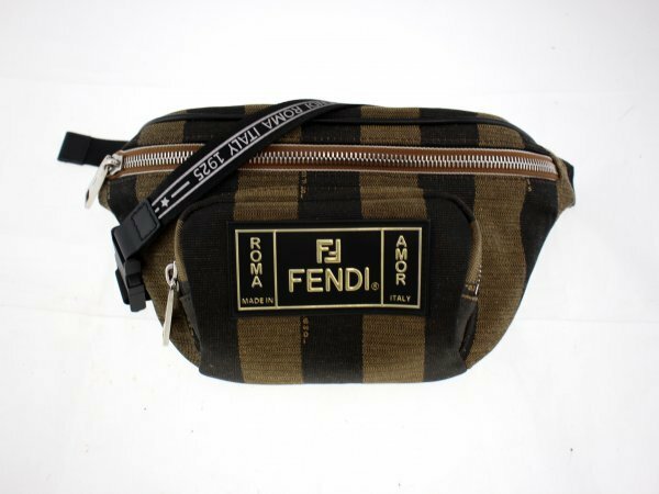 ◆ FENDI / フェンディ 7VA446 ペカン ボディバッグ ウエストポーチ ボーダー柄 ナイロン ブラウン系 128537