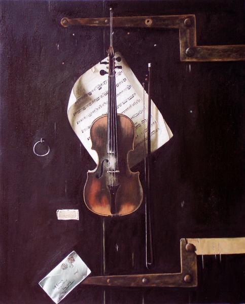 Pintura al óleo de Harnett., obra maestra_Viejo violín MA420, Cuadro, Pintura al óleo, Naturaleza, Pintura de paisaje