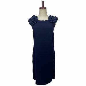 美品　LANVIN en Bleu　ランバン　レディース　ネイビー　フリル装飾　ノースリーブワンピース　ドレス　36