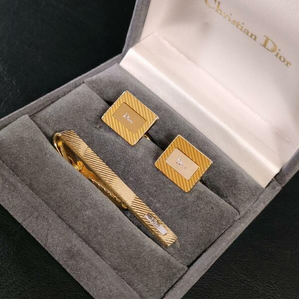 【極美品】Dior ディオール　カフス・タイピンセット　ゴールド　ストライプ