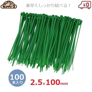 セフティ－3 ガーデン結束バンド 100本入り 幅2.5×長さ100mm 10cm グリーン 支柱 固定 誘引 添え木