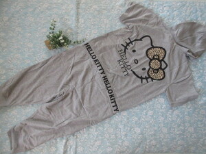 * new goods [M] leopard print ribbon * Hello Kitty! short sleeves with a hood all-in-one * gray * free shipping 