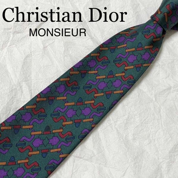 ■美品■Christian Dior MONSIEUR クリスチャンディオールムッシュ　ネクタイ　幾何学模様　総柄　シルク100% イタリア製　グリーン