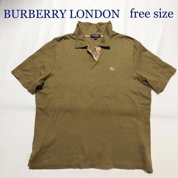 ■美品■BURBERRY LONDON バーバリーロンドン　スキッパーポロシャツ　ノバチェック　グリーン系カーキ　コットン　free size 三陽商会