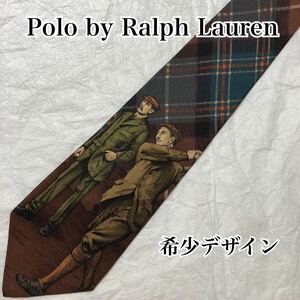 ■美品■希少デザイン■Polo by Ralph Lauren ポロバイラルフローレン　ネクタイ　ゴルフをする人達　シルク100% 米国製　ブラウン系　幅広