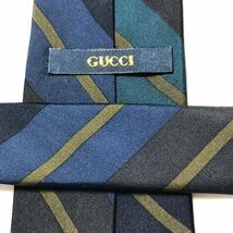 GUCCI グッチ　ネクタイ　米国式ストライプ　右下がり　インターロッキングG 裏地筆記体ロゴ　ブラック×ブルー×グリーン×ベージュ_画像6