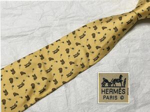 HERMES エルメス　ネクタイ　熊と蝶　シルク100% フランス製　イエロー