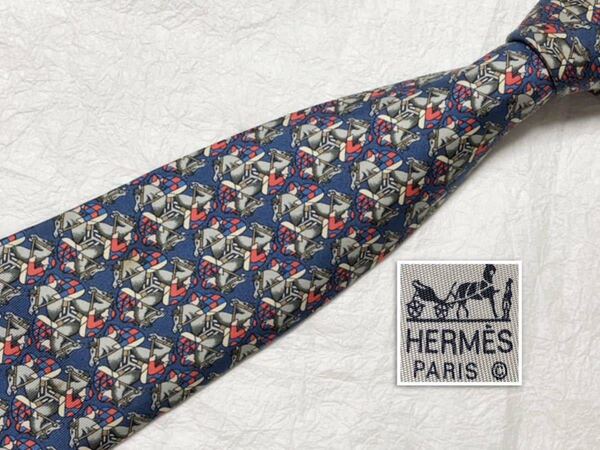 ■美品■HERMES エルメス ネクタイ 騎手 競走馬 ジョッキー柄 シルク100% フランス製 ブルー×マルチカラー