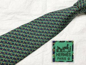 ■美品■HERMES エルメス　ネクタイ　ストライプ　ベルトと金具　シルク フランス製　ブルー×グリーン