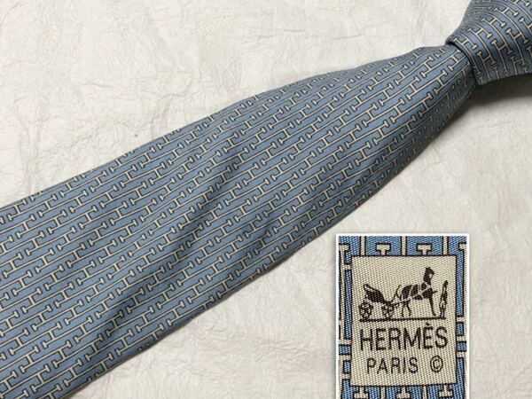 HERMES エルメス H織り ネクタイ シルク100% フランス製 ライトブルー