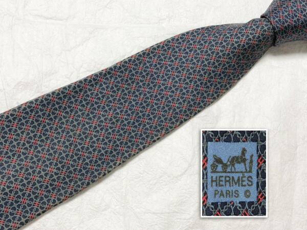 HERMES エルメス　ネクタイ　H織り　H柄 金具柄　シルク100% フランス製　ブラック系