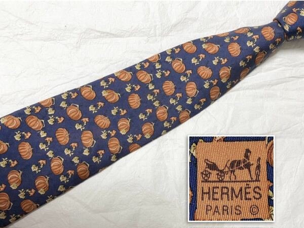 ■美品■HERMES エルメス　ネクタイ　かぼちゃ　パンプキン　シルク100% フランス製　ネイビー