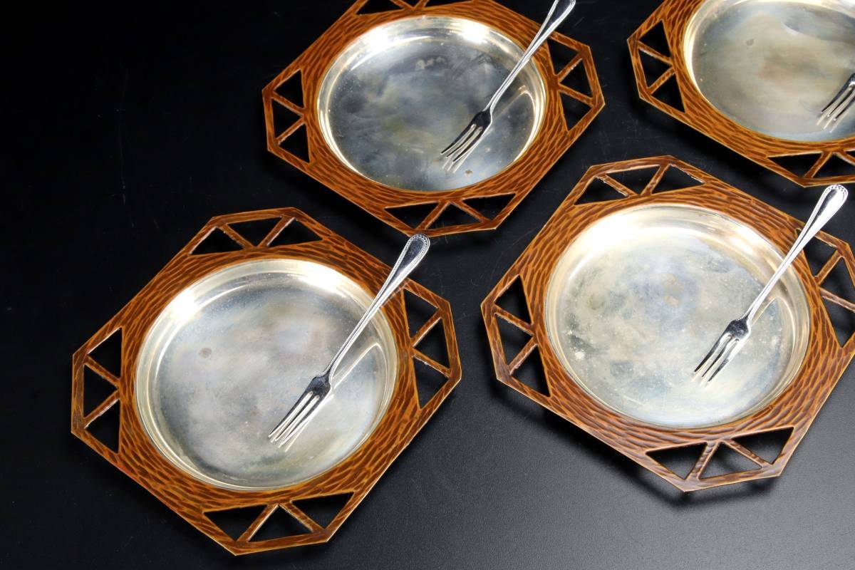 ◇錵◇ 古美術品平安金寿堂造三角透内銀黄銅菓子皿5客共箱フォーク付唐