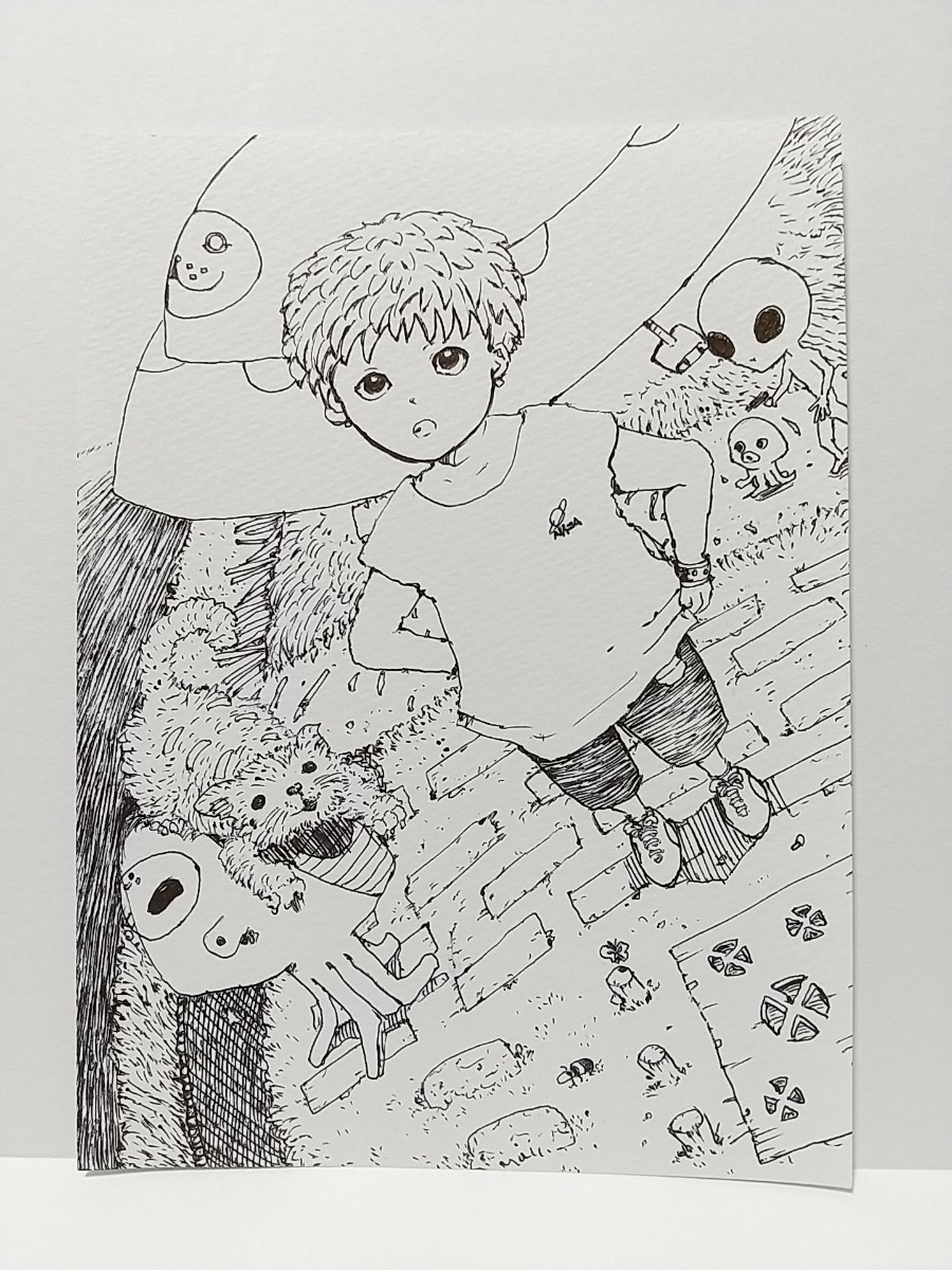 original illustration Hand-Drawn artwork illustration UFO alien boy handmade interior painting monochrome analog art self-made original painting black and white illustration, comics, anime goods, hand drawn illustration