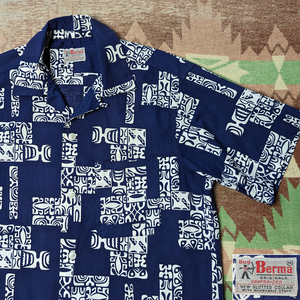 ティキ 【Bud Berma】 50s Tiki Print Cotton Hawaiian Shirt / 50年代 コットン ハワイアン シャツ アロハ オープンカラー ビンテージ 60s