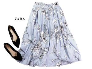 ザラ ZARA 大人素敵スタイル☆ストライプ×フラワープリント ミディ フレアー スカート XS