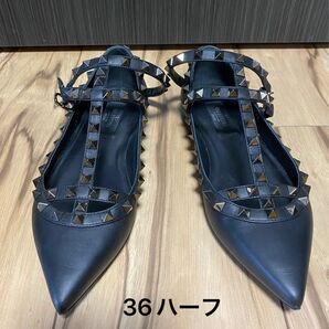 超美品 ヴァレンティノカラヴァーニ ストラップ スタッズ フラットシューズ バレエシューズ NOIR ノワール ブラック