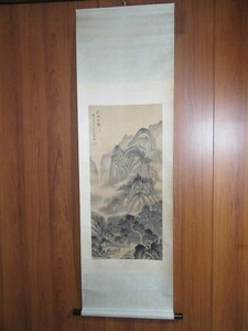 掛軸（模写）：絹本山水「深山古刹」／J-230803★