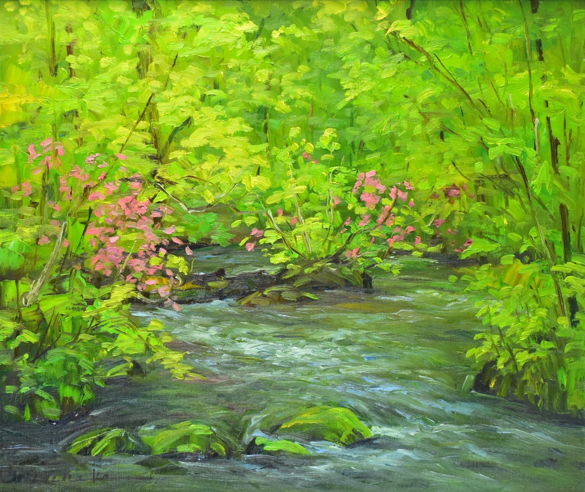 El maestro vive cerca del arroyo Oirase en la ciudad de Towada. ¡Pinta en el lugar hasta su finalización! Hidenori Tanaka, No. 10 Pintura al óleo de arroyo floreciente [Galería Masami], Cuadro, Pintura al óleo, Naturaleza, Pintura de paisaje