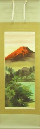 ¡Una pieza tranquila que acentuará tu alcoba! Pergamino de Tanaka Koichi Paisaje del Fuji rojo [Galería Seiko], Cuadro, pintura japonesa, Paisaje, viento y luna