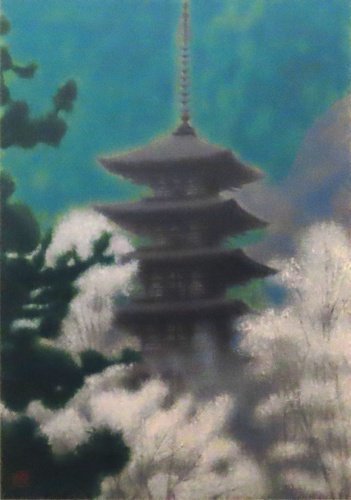 Икуо Хираяма Весна в храме Хасэдэра, сериграфия, ограничено 250 экземплярами, с автографом, произведено в 1993 году [Галерея Seiko], произведение искусства, Принты, Шелкография