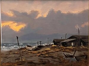 Art hand Auction [Authentisch] Ein Meisterwerk, das wie ein Ölgemälde ist und eine kleine Hafenstadt am Japanischen Meer in der Abenddämmerung mit einer reichen Atmosphäre darstellt! Hirokazu Takahashi Dämmerung in Hokuetsu Westliches Gemälde Nr. 6 [Masami Gallery], Malerei, Ölgemälde, Natur, Landschaftsmalerei