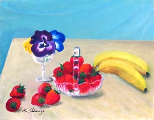 dessiné des objets du quotidien sur l'écran. C'est un simple, pièce sans fioritures et élégante. Yoshika Shimizu No. 6 Pensées et fraises [Galerie Masami], Peinture, Peinture à l'huile, Nature morte