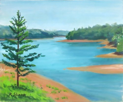 झील का नीला रंग और पहाड़ियों का हरा रंग पूरे चित्र में सामंजस्य स्थापित करते हैं।, यह एक ताजगी भरा टुकड़ा है जिसे किसी भी मौसम में प्रदर्शित किया जा सकता है। योशिका शिमिजु, नंबर 8 लेक सायमा [मासामी गैलरी], चित्रकारी, तैल चित्र, स्थिर वस्तु चित्रण